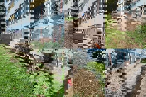 Collage van werkzaamheden in de tuin.