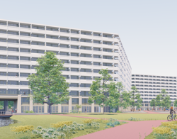 Fietspad langs een hoog woongebouwen met balkons, waar mensen fietsen.