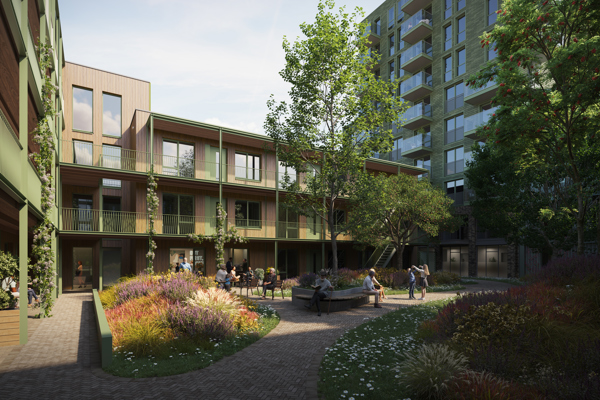 Modern appartementencomplex met groene gevels, balkons en commerciële ruimtes op de begane grond, met mensen die wandelen en fietsen op het plein.