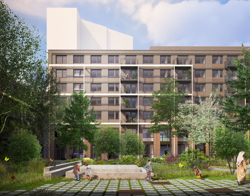 Modern woongebouw met meerdere verdiepingen en balkons, omringd door een groene tuin waar mensen actief zijn.