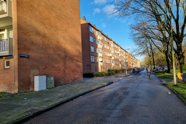 Lange rij rode bakstenen appartementen langs een straat met bomen en geparkeerde auto's, onder een heldere blauwe lucht.