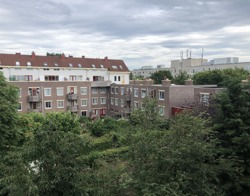 Luchtfoto van woongebouwen omringd door bomen en groen, sommige gebouwen hebben kleurrijke raamkozijnen.