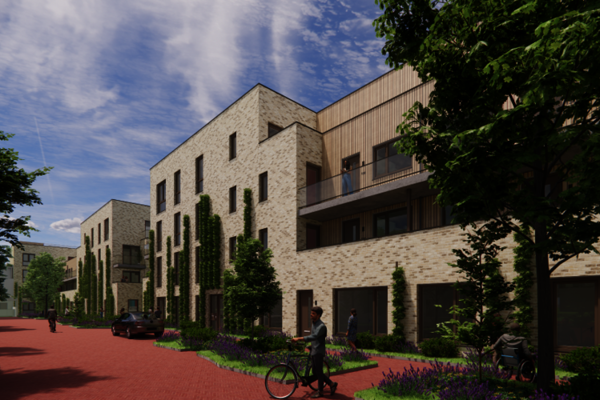 Modern wooncomplex met lichte bakstenen gevels, omgeven door groen en een rood betegeld pad waar mensen wandelen en fietsen.