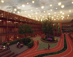 De binnentuin en omliggende gebouwen van het project Sportpark Poelenburg. 