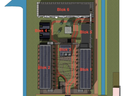 Een plattegrond van de gebouwen. Blokken 1 tot en met 4 worden verhuurd door Rochdale. En blokken 5 en 6 door Parteon. 